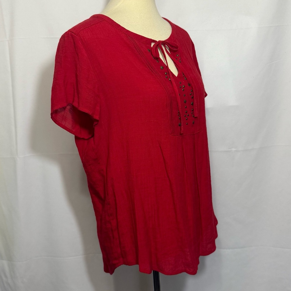Liz Claiborne Size Large Red Short Sleeve Tie Front Blouse - Picture 4 of 12